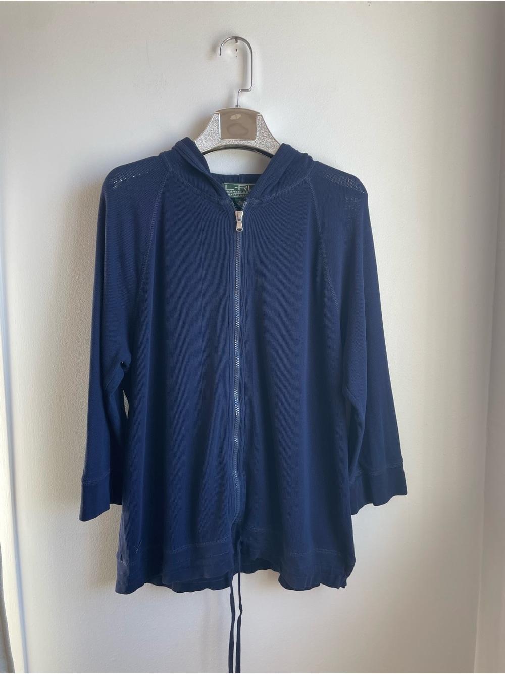 Ralph Lauren Navy Zip-Front Hooded Top-3/4 Mesh Sleeves-100% Cotton-size 1X